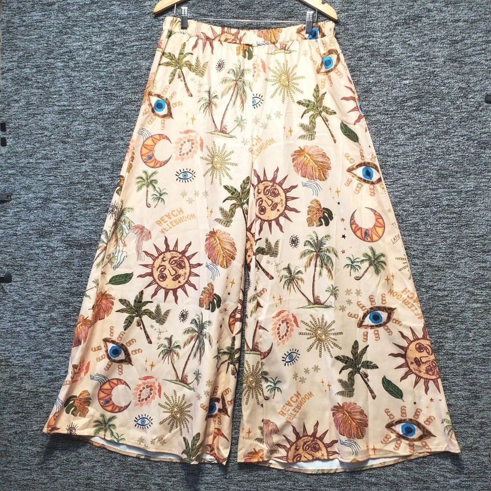 ROMWE Hippie Bohemian Celestial Wide Leg Palazzo Pants Women 0XL Tan Withcy